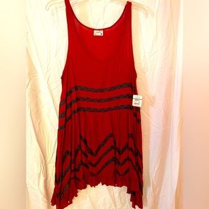 Free People, Red with Black lace detail slip or baby doll dress. Size L